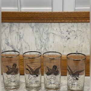1960 Federal Glasses Platinum Rim Highball Glasses Mallard Duck & Grouse Set 4